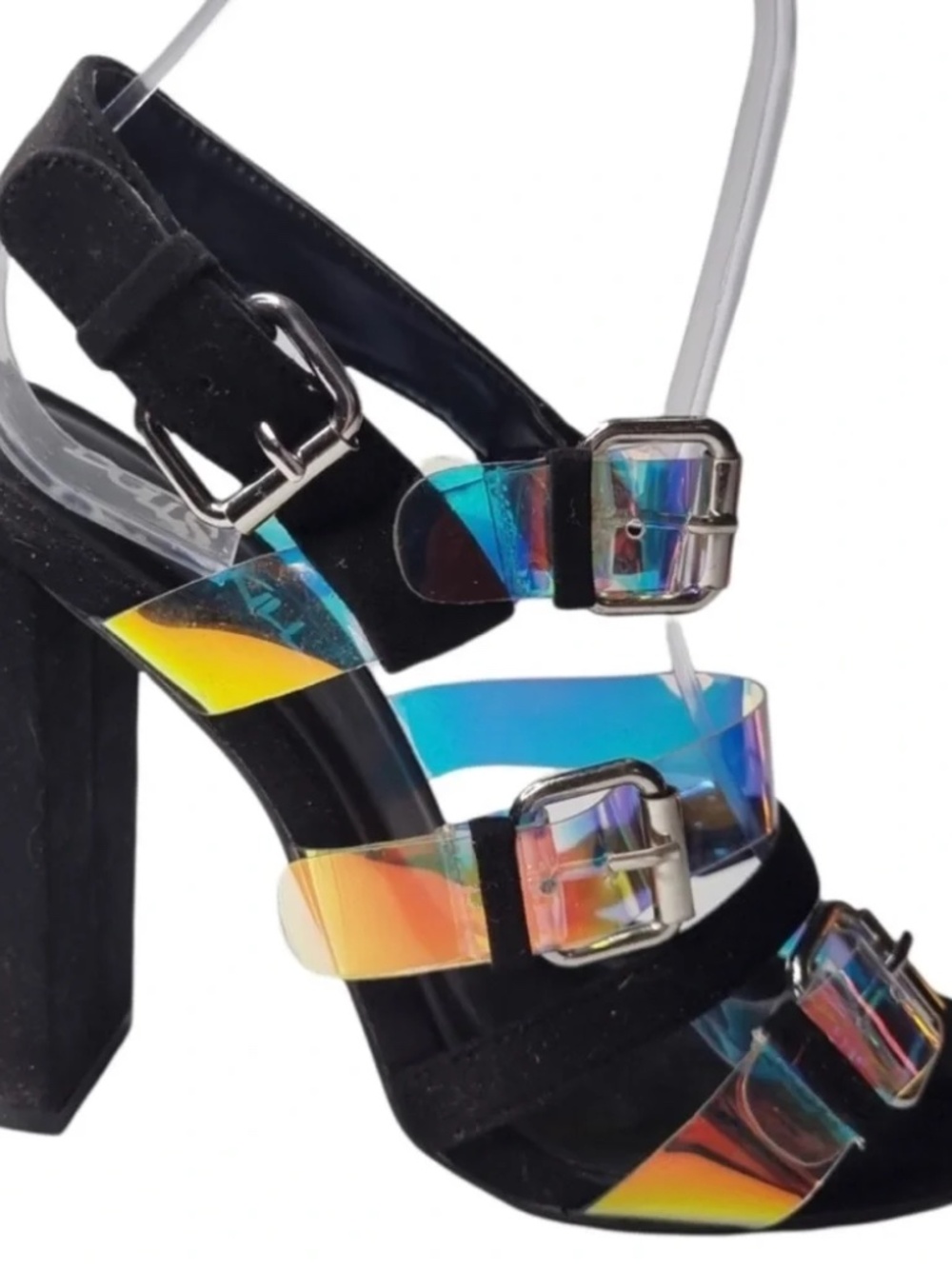 Dolls Kill black strapped suede hologram heels.